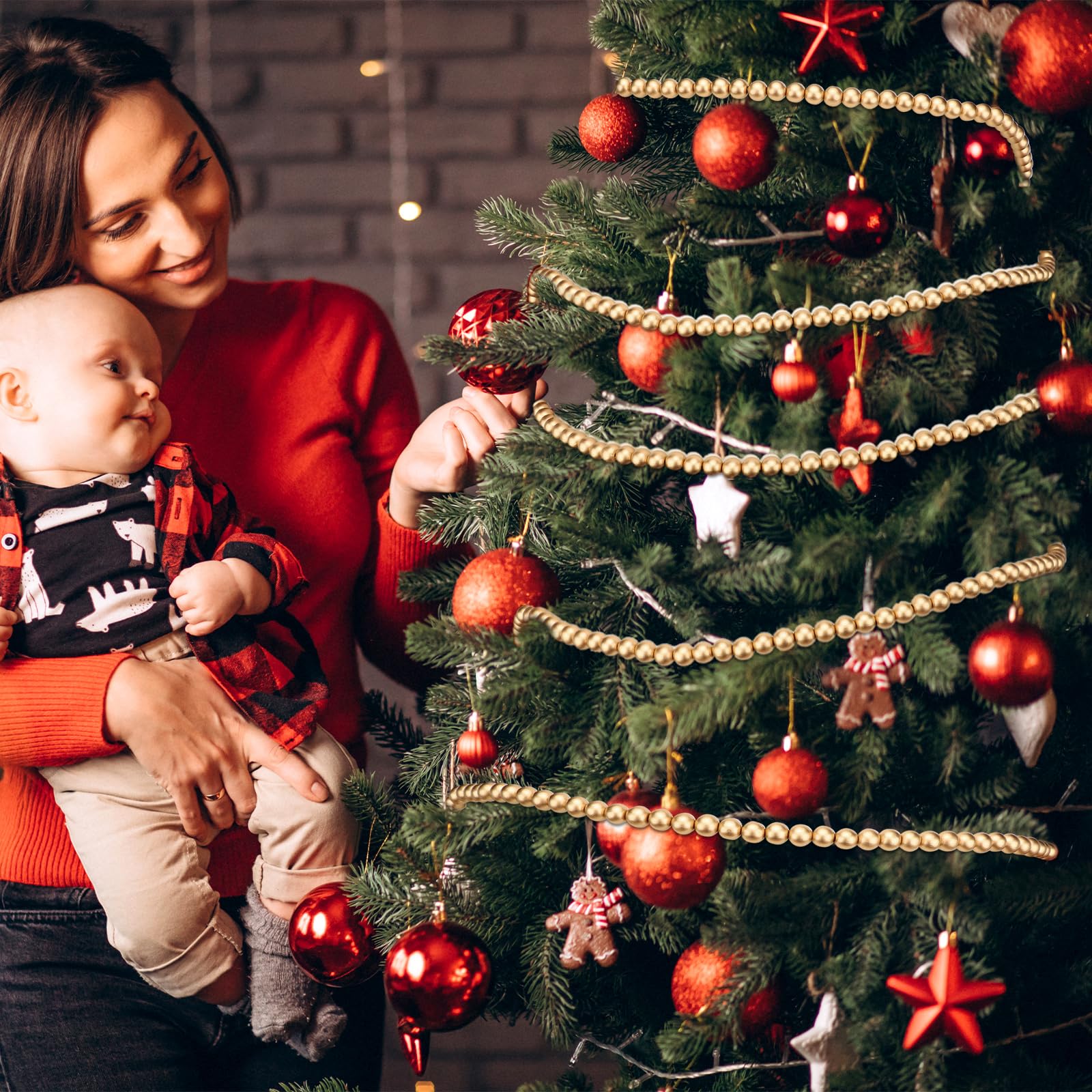 16 Feet Gold Wooden Bead Garland, Round Bead Garland Christmas Tree Decoration Farmhouse Wall Hanging Ornaments - Image 4