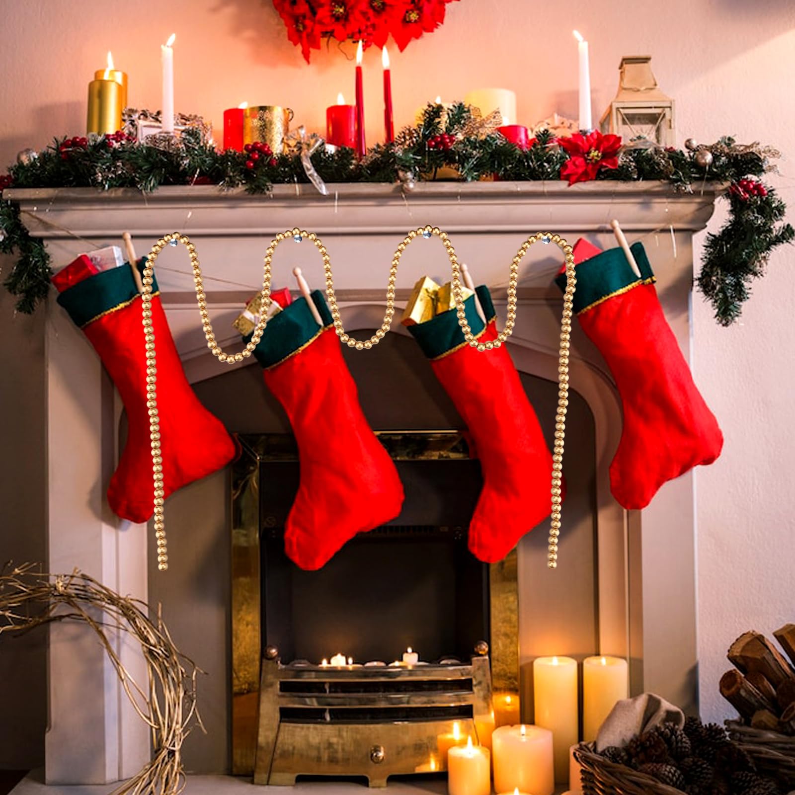 16 Feet Gold Wooden Bead Garland, Round Bead Garland Christmas Tree Decoration Farmhouse Wall Hanging Ornaments - Image 5