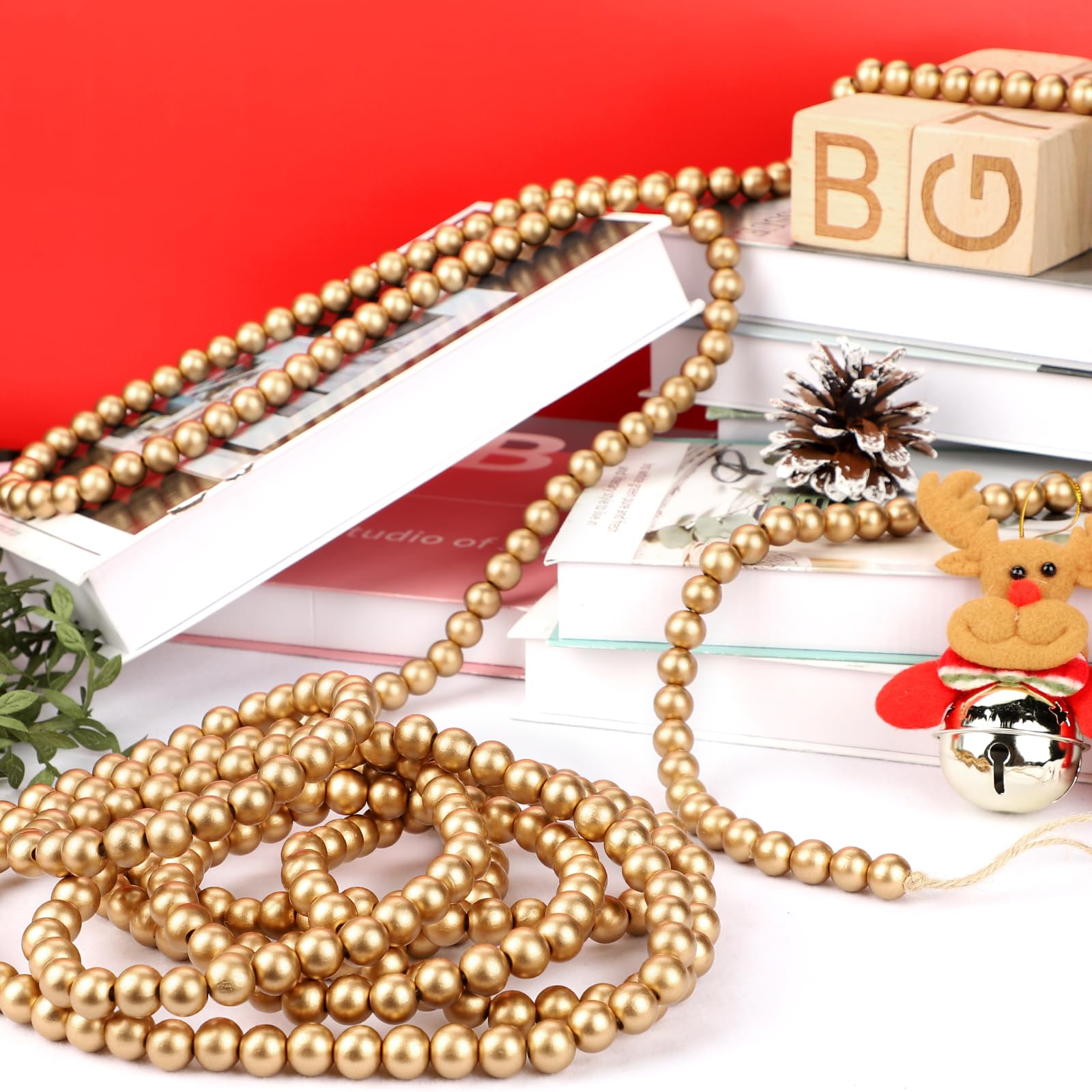 16 Feet Gold Wooden Bead Garland, Round Bead Garland Christmas Tree Decoration Farmhouse Wall Hanging Ornaments - Image 7