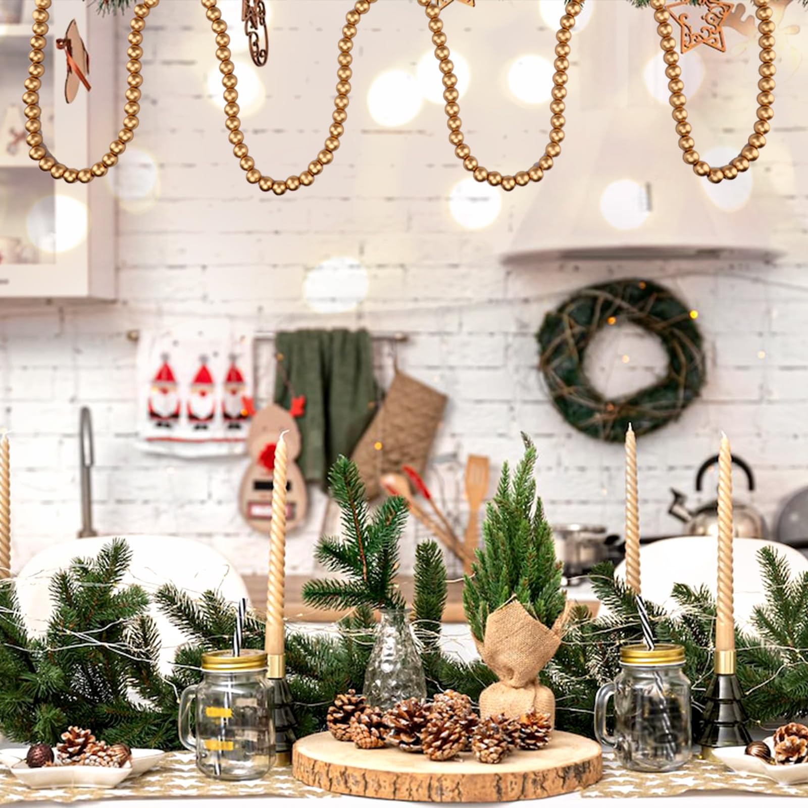 16 Feet Gold Wooden Bead Garland, Round Bead Garland Christmas Tree Decoration Farmhouse Wall Hanging Ornaments - Image 8