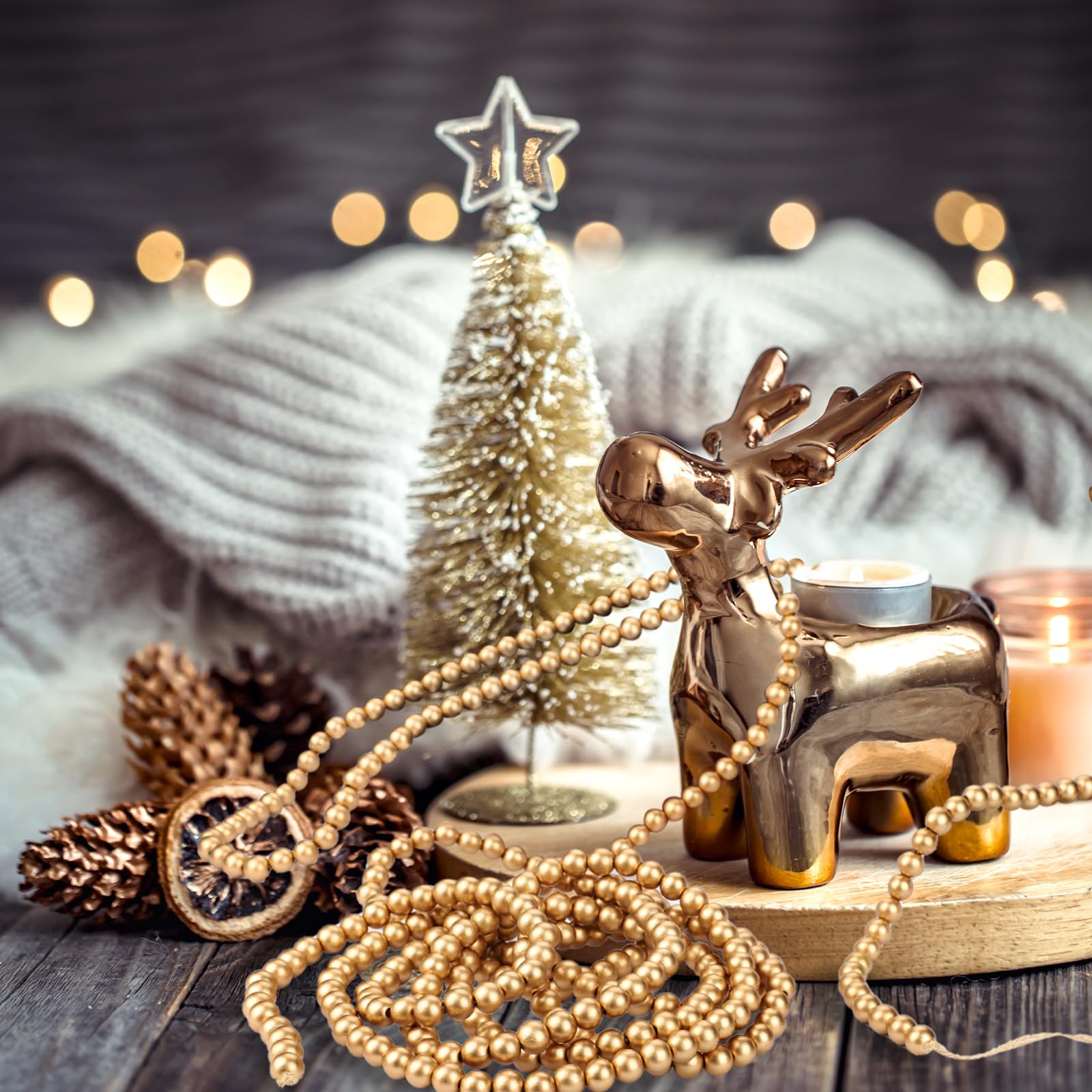 16 Feet Gold Wooden Bead Garland, Round Bead Garland Christmas Tree Decoration Farmhouse Wall Hanging Ornaments - Image 9