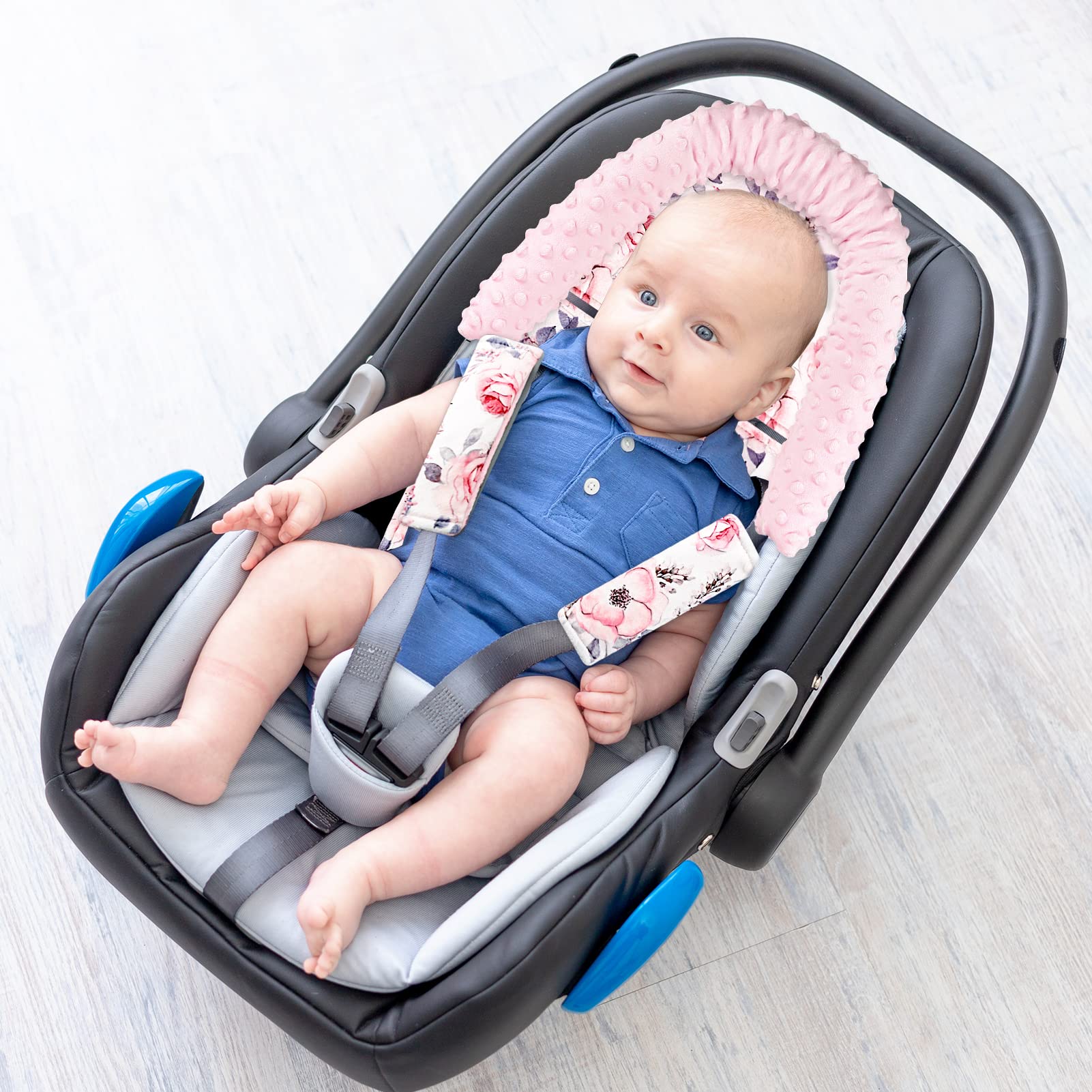 Baby Car Seat Cover and Baby Carseat Head Support & Strap Cover, Car Seat Canopy with Zipper Mesh, Watercolor Pink Floral - Image 5