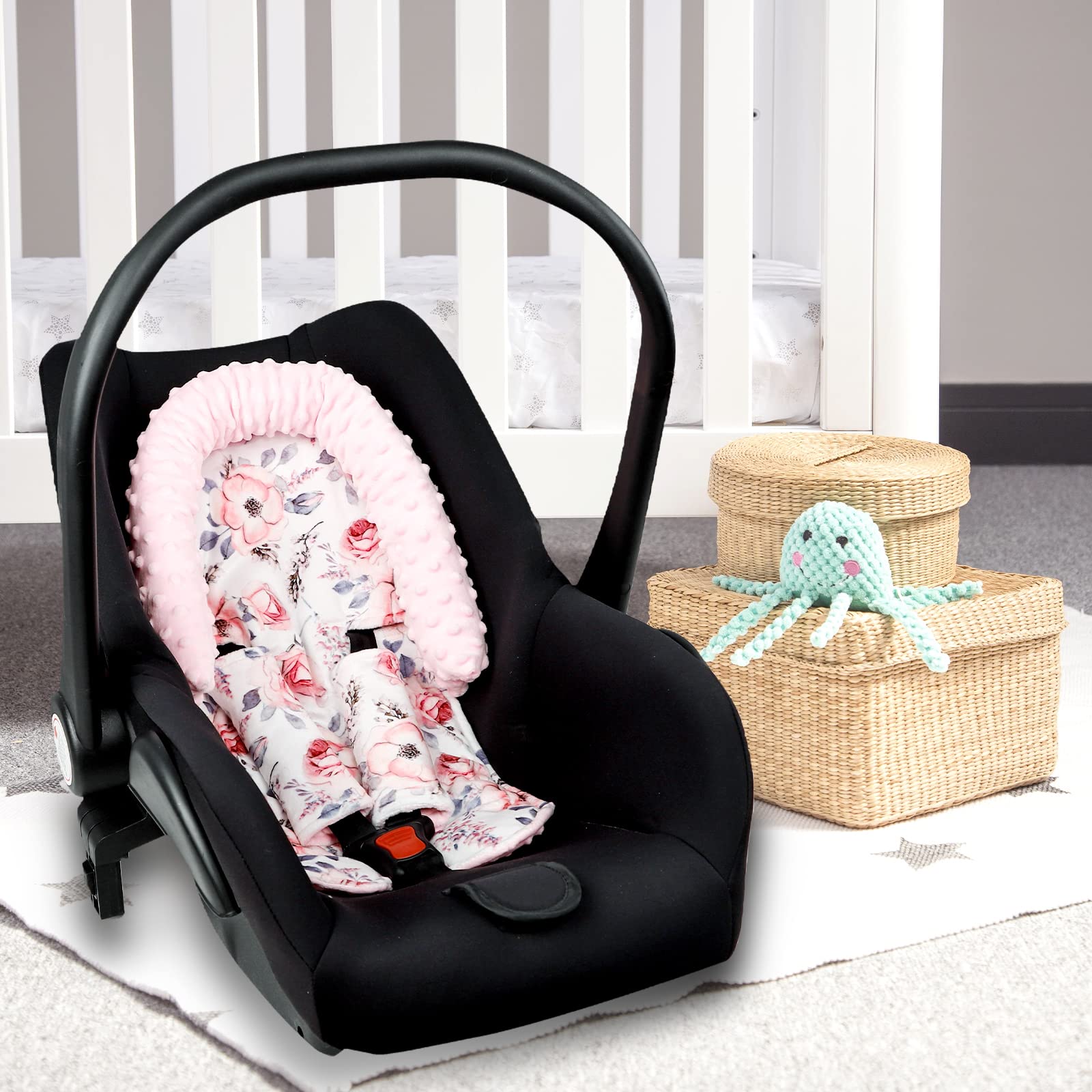 Baby Car Seat Head Support and Strap Cover, Nursing Pillow Cover for Girls, Pink Floral - Image 5