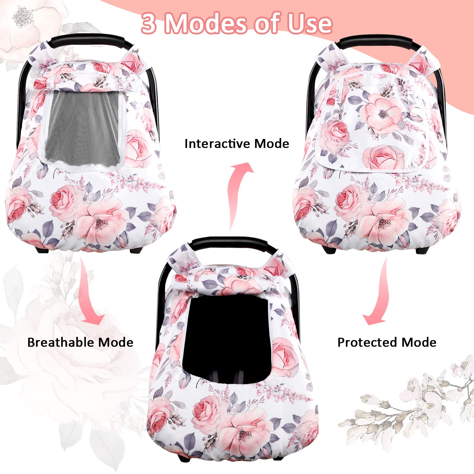 Car Seat Covers for Babies, Baby Carseat Head Support & Strap Cover, Winter Carseat Cover Girls, Pink Floral - Image 3