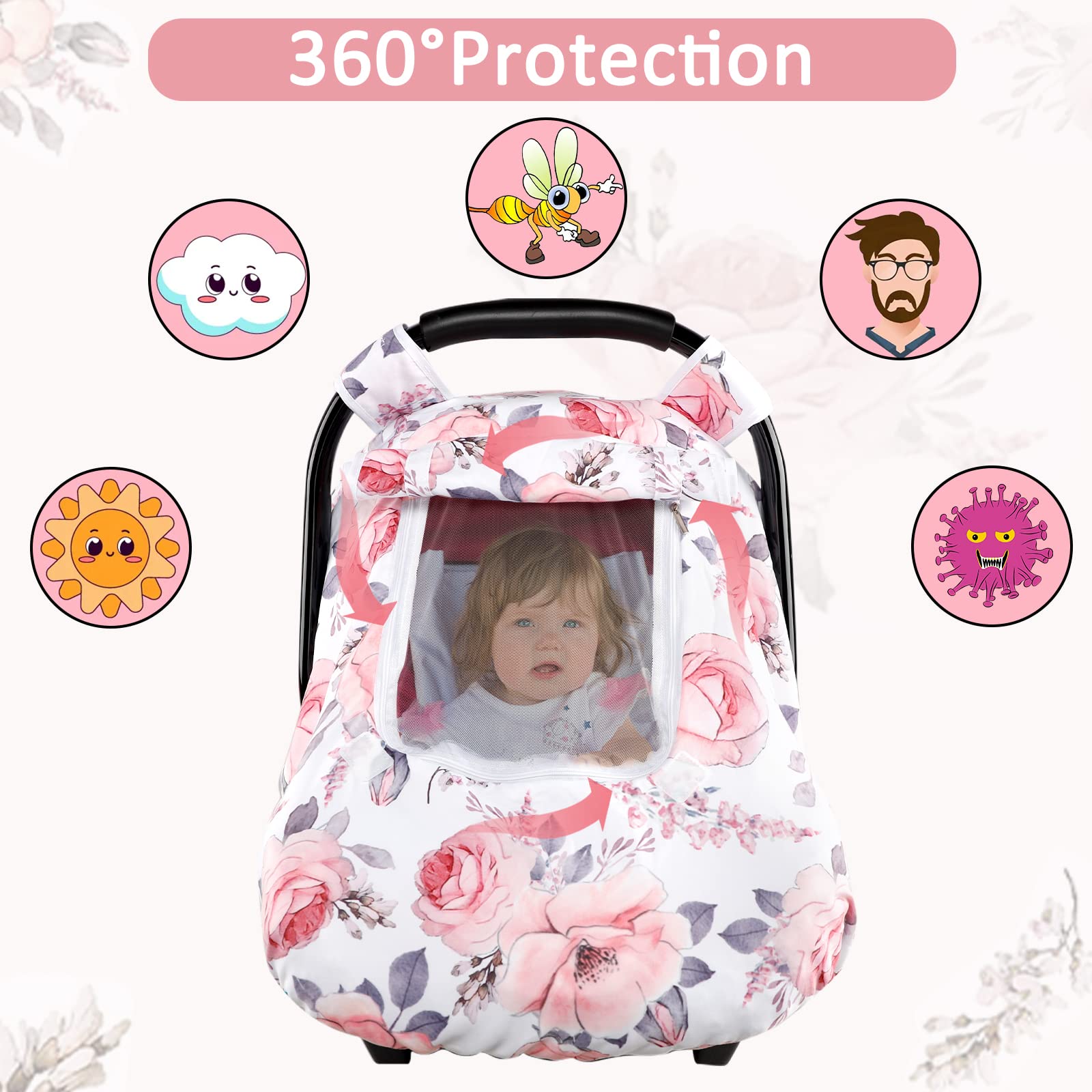 Car Seat Covers for Babies, Baby Carseat Head Support & Strap Cover, Winter Carseat Cover Girls, Pink Floral - Image 4