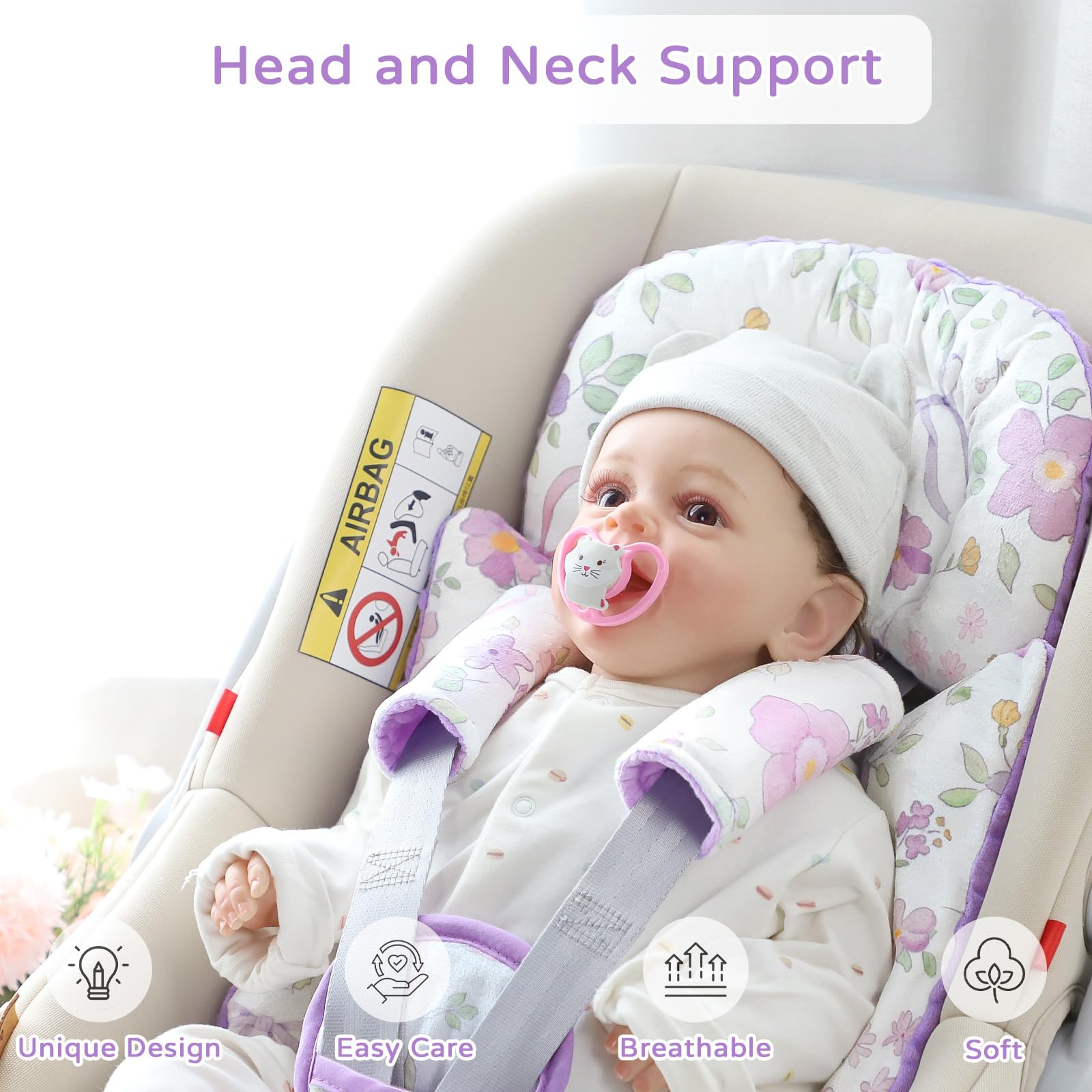 Infant Car Seat Insert, Baby Blankets, CarSeat Head Support Baby for Girls, Soft 3 in 1 Baby Car Seat Cushion for Strollers, Bouncers, Swing, Purple Floral - Image 4