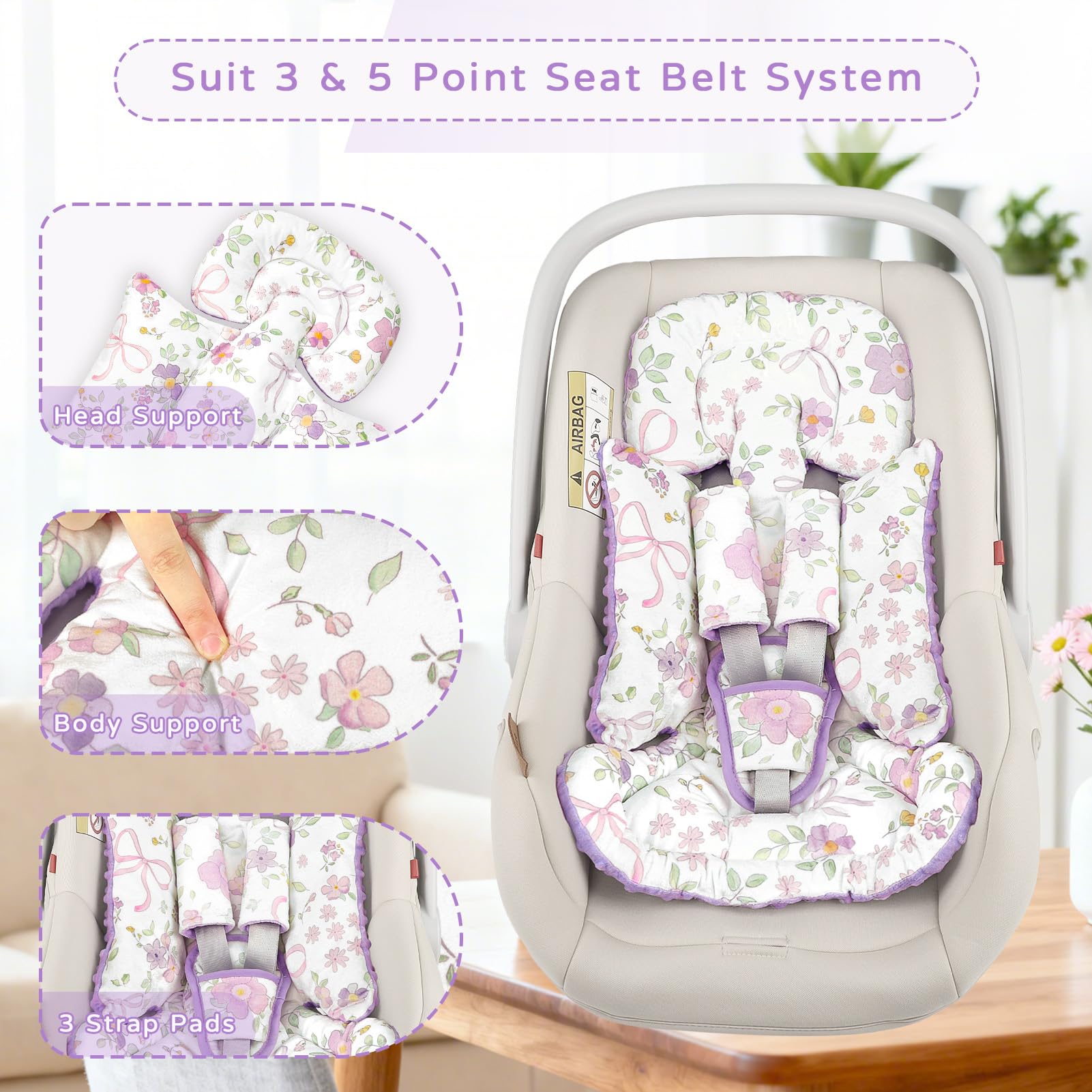 Infant Car Seat Insert, Baby Blankets, CarSeat Head Support Baby for Girls, Soft 3 in 1 Baby Car Seat Cushion for Strollers, Bouncers, Swing, Purple Floral - Image 5