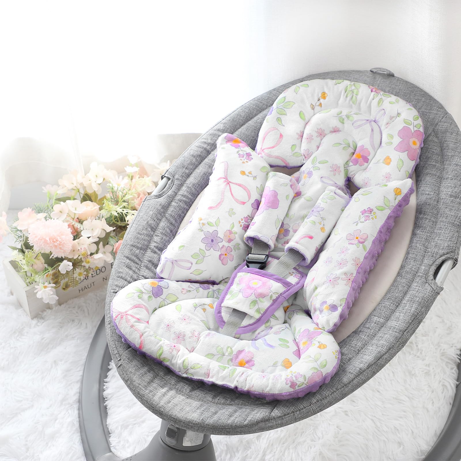 Infant Car Seat Insert, Baby Blankets, CarSeat Head Support Baby for Girls, Soft 3 in 1 Baby Car Seat Cushion for Strollers, Bouncers, Swing, Purple Floral - Image 6