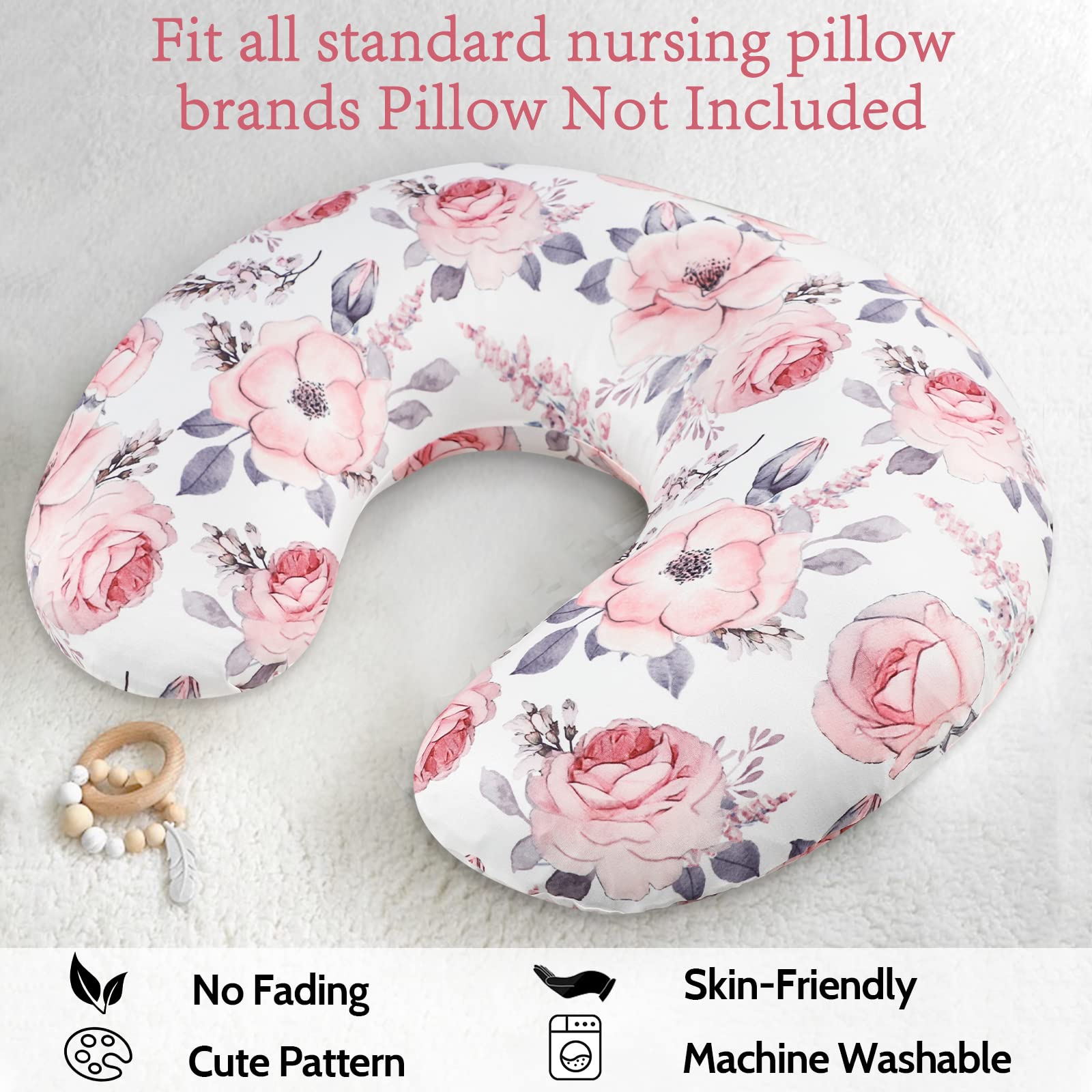 Nursing Pillow Cover Girls, Floral Breastfeeding Pillow Cover for Baby, Snug Fits Newborn Nursing Pillow Case, Super Soft Breathable, Pink Flower - Image 5