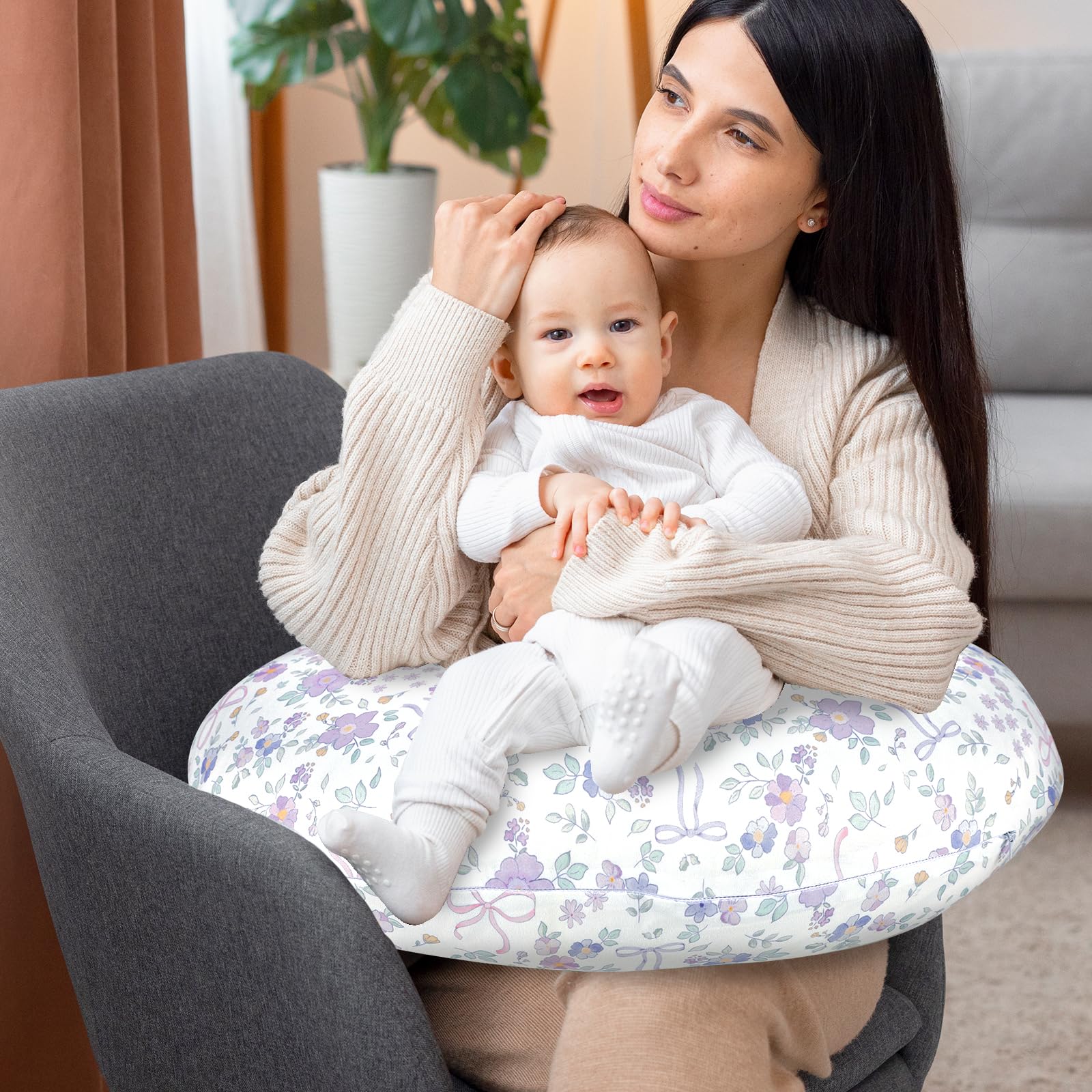 SWESEN 2 Pack Nursing Pillow Covers, Ultra Soft Nursing Cover for Breastfeeding Pillows, Stretchy Nursing Pillow Slipcover for Baby Girls Boys, Fits Standard Baby Pillow, Purple Floral - Image 8