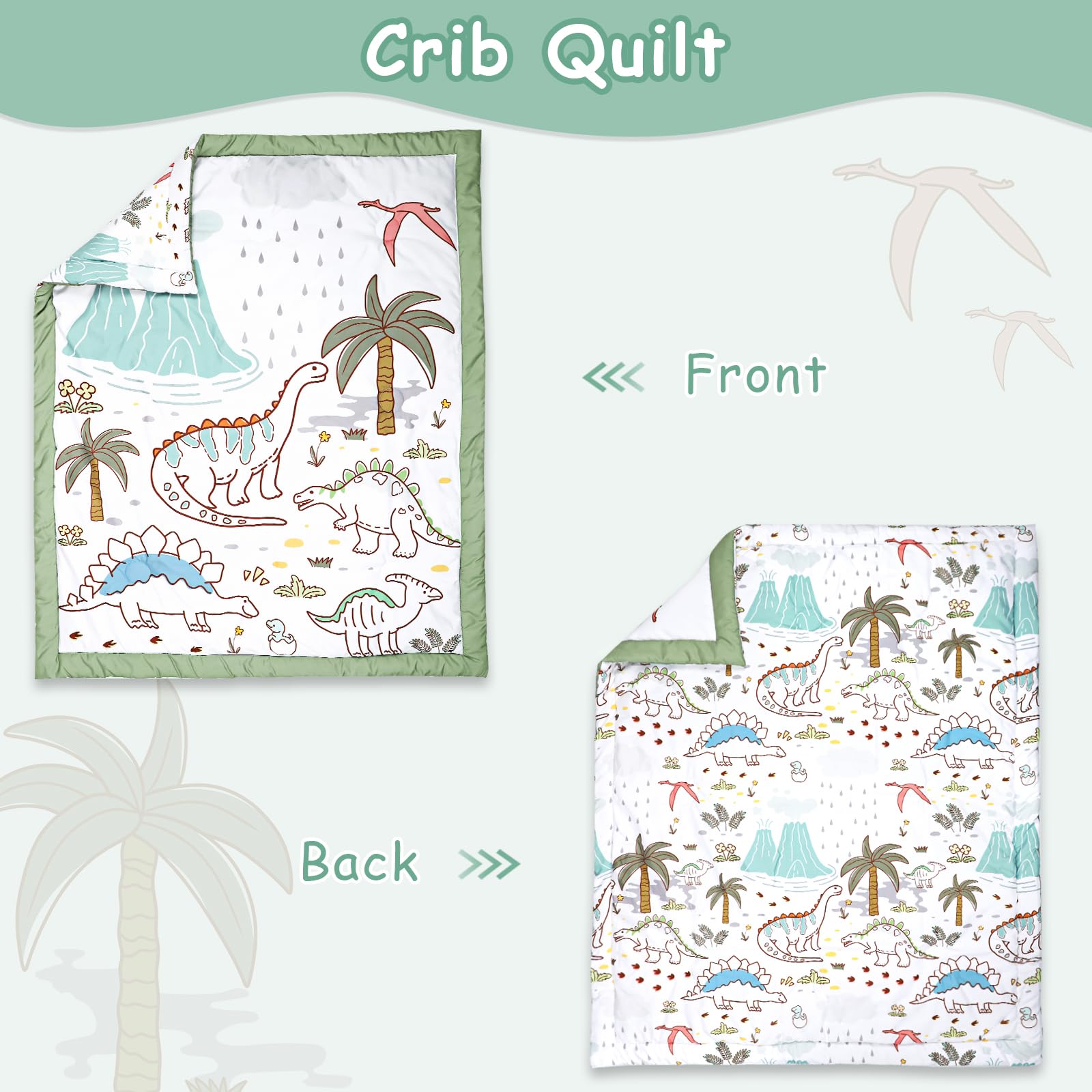 SWESEN Dinosaur Crib Bedding Set 4-Piece for Boys, Crib Set Includes Quilt, Fitted Sheet, Skirt, Diaper Stacker,Ultra-Soft Nursery Bedding Set-Fits Standard 52x28 inch Crib mattresses - Image 3