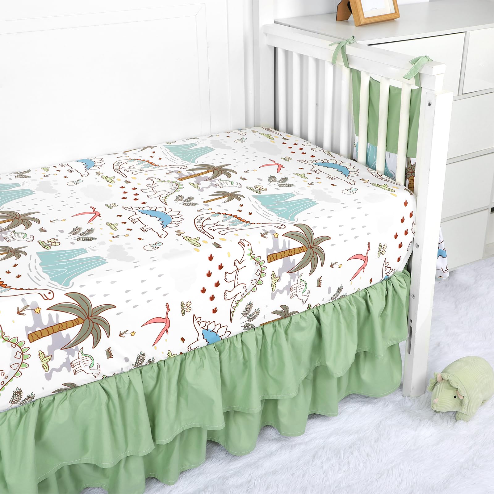 SWESEN Dinosaur Crib Bedding Set 4-Piece for Boys, Crib Set Includes Quilt, Fitted Sheet, Skirt, Diaper Stacker,Ultra-Soft Nursery Bedding Set-Fits Standard 52x28 inch Crib mattresses - Image 5