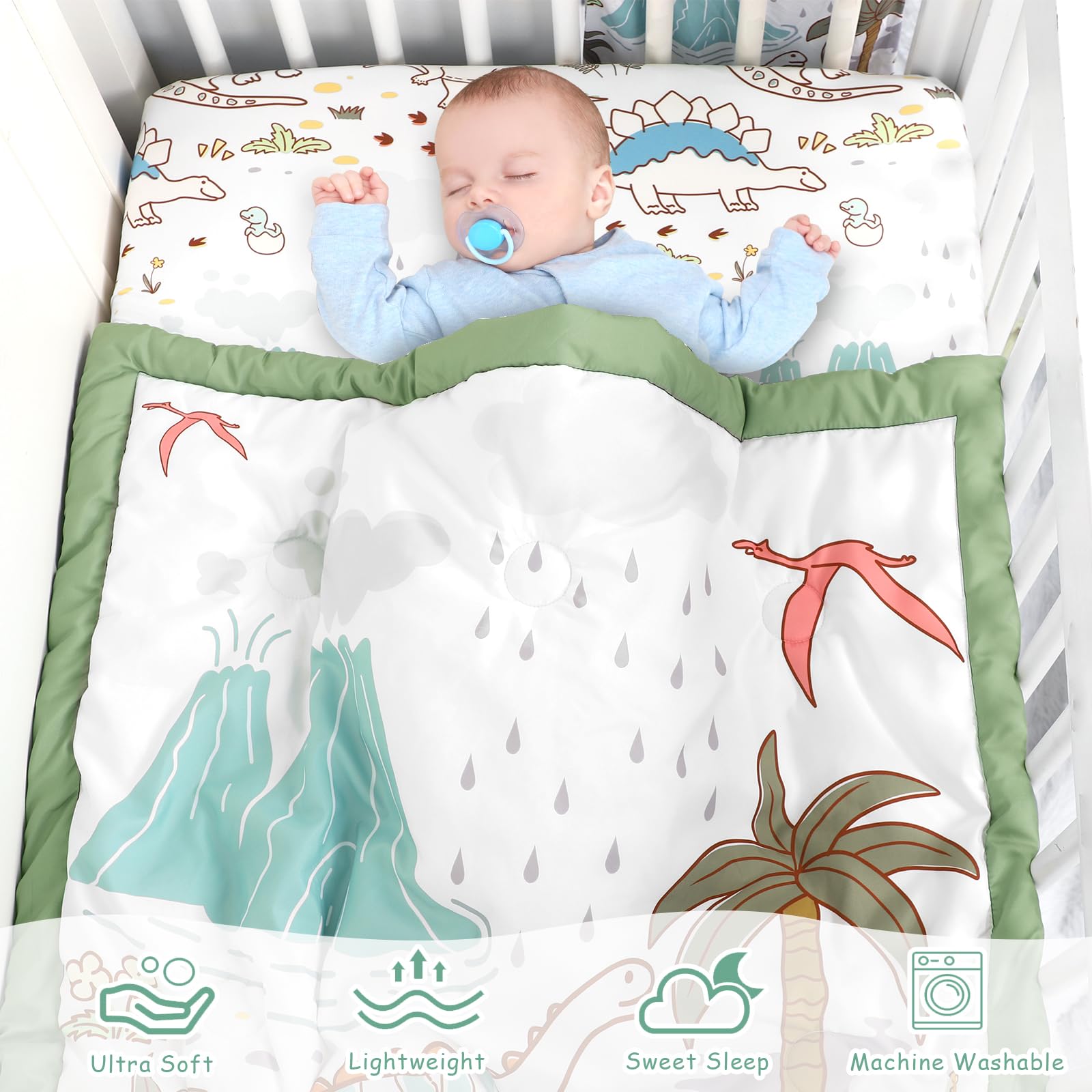 SWESEN Dinosaur Crib Bedding Set 4-Piece for Boys, Crib Set Includes Quilt, Fitted Sheet, Skirt, Diaper Stacker,Ultra-Soft Nursery Bedding Set-Fits Standard 52x28 inch Crib mattresses - Image 7