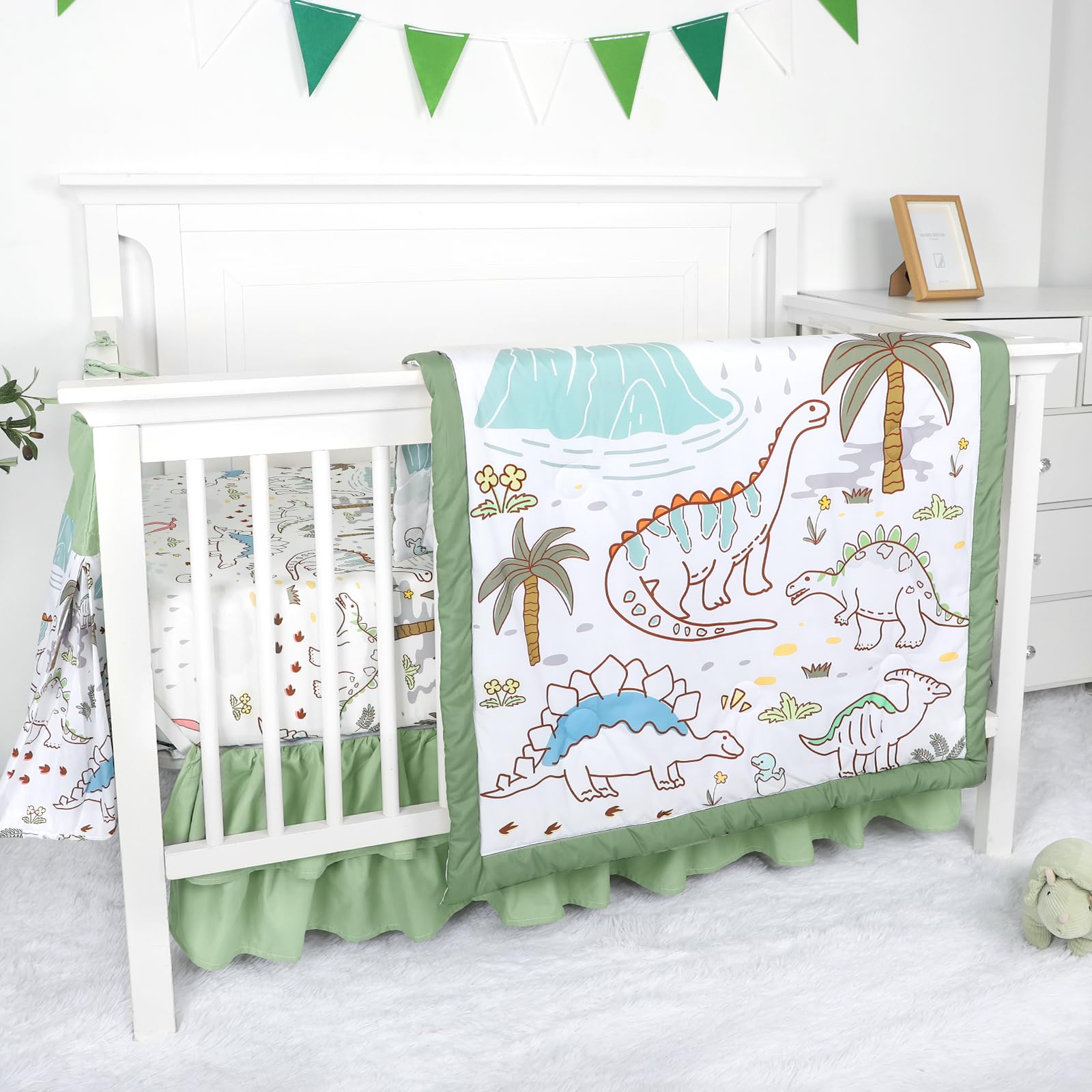SWESEN Dinosaur Crib Bedding Set 4-Piece for Boys, Crib Set Includes Quilt, Fitted Sheet, Skirt, Diaper Stacker,Ultra-Soft Nursery Bedding Set-Fits Standard 52x28 inch Crib mattresses - Image 8
