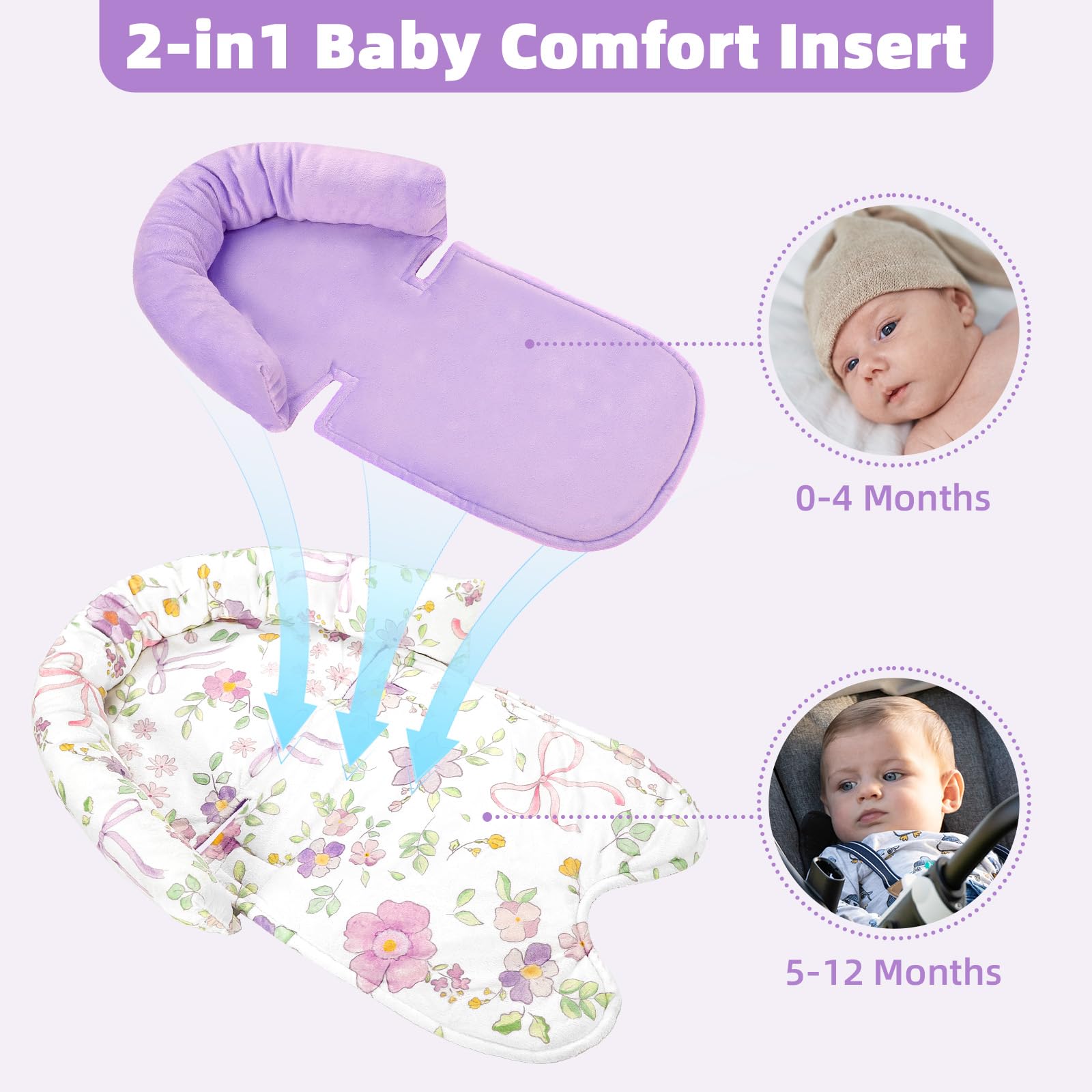 SWESEN Seat Cover Compatible with Bumbo, Infant Car Seat Insert, Car Seat Head Support for Baby Girls Boys, 2 in 1 Soft Plush CarSeat Insert for Newborns, for Infants Aged 0-12 - Image 5