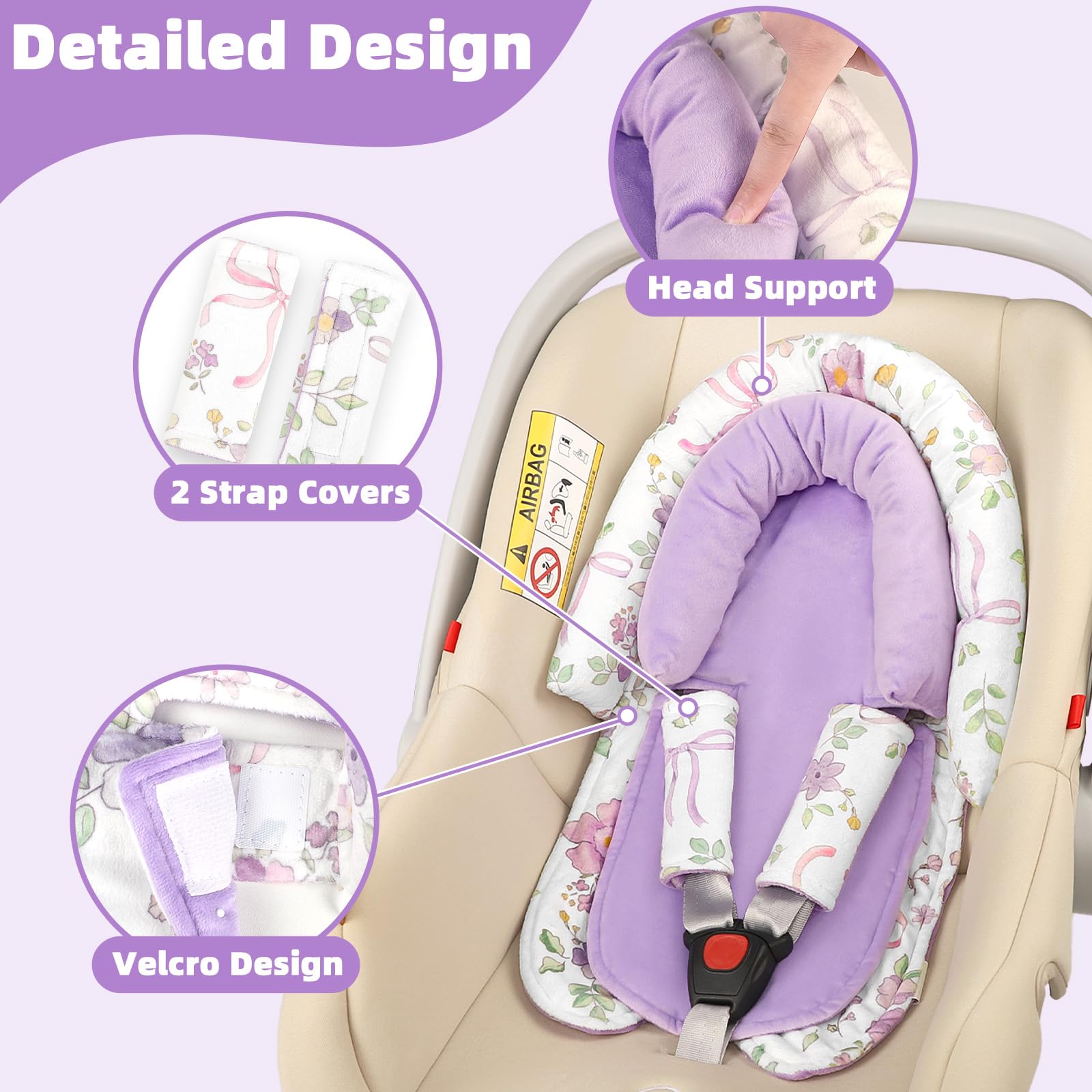 SWESEN Seat Cover Compatible with Bumbo, Infant Car Seat Insert, Car Seat Head Support for Baby Girls Boys, 2 in 1 Soft Plush CarSeat Insert for Newborns, for Infants Aged 0-12 - Image 4