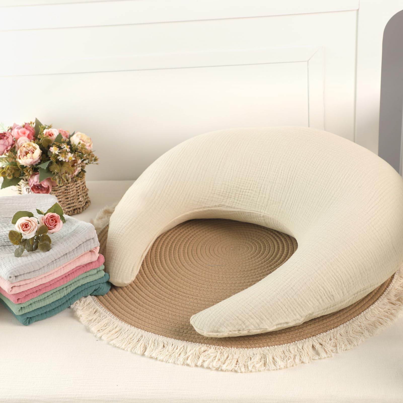 SWESEN Muslin Nursing Pillow Cover, Soft Removable Cover for Breastfeeding Pillows, Pillow Slipcover for Baby Boys and Girls, Comfortable & Breathable, Apricot, Washable (Only Cover) - Image 7