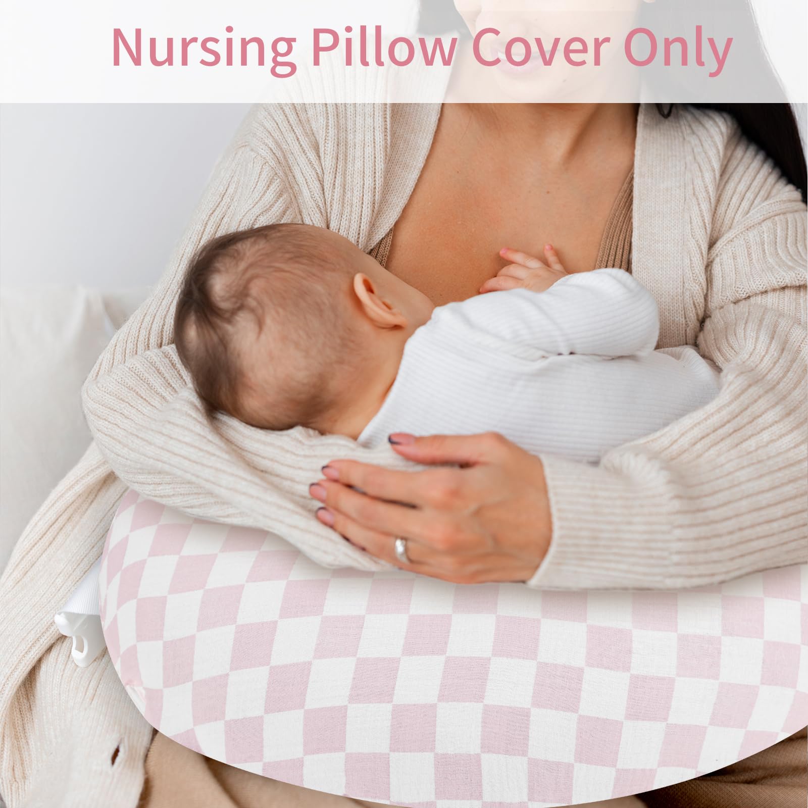 SWESEN Muslin Nursing Pillow Cover, Soft Removable Cover for Breastfeeding Pillows, Pillow Slipcover for Baby Boys and Girls, Comfortable & Breathable, Pink Plaid, Washable (Only Cover) - Image 6